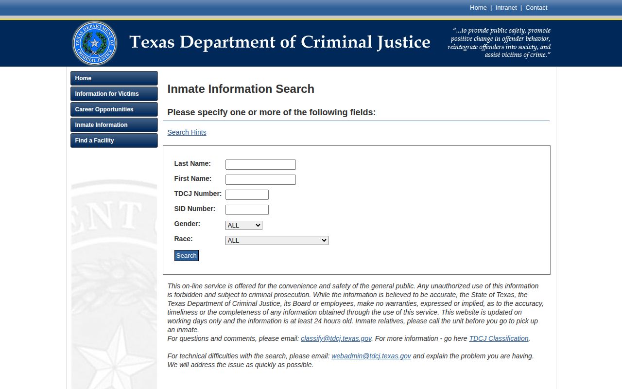 Trinity County released inmate TDCJ current-custody search